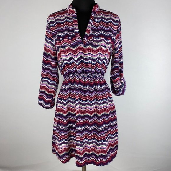 Rue21 Dresses & Skirts - Rue21 Juniors S Chevron Zig Zag V-Neck Elastic Waist Dress Roll Tab Sleeves